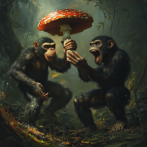 Create an image of two early primates, with pronounced features...