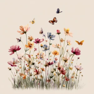 Wildflower field, butterflies flying, in vintage watercolor styl...
