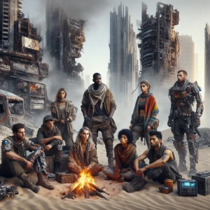 A group of survivors huddled around a makeshift campfire in the ruins of a collapsed skyscraper, their clothes a mix of scavenged high-tech gear and patched fabric. A few remnants of advanced machinery lie in the background, partially buried in sand and rubble