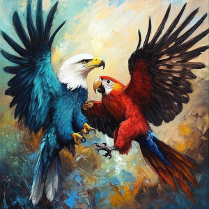 eagle and parrot playing with each other