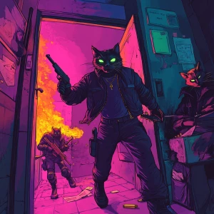 A crime boss cat flipping a table as SWAT-like cats burst throug...