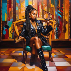 An oil painting of a African American Manga woman tan skin two l...