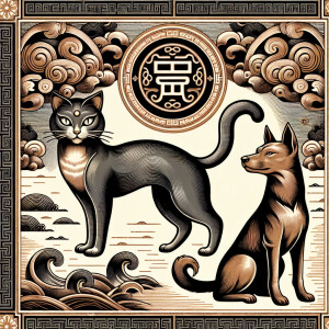 Describe an emblem featuring a Chinese cat and dog from ancient...
