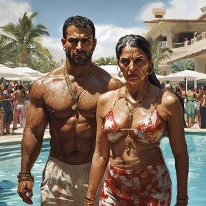 Photo paint,a muscular beefy criminal man walking with his sweat...