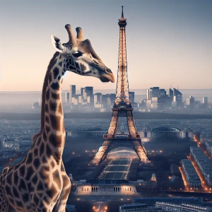 A giraffe Standing in front of Eiffle tower