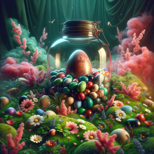create a easter egg inside of a large jar outside of the jar gre...
