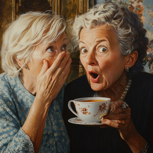 Create a realistic picture of 2 women in their 50's whispering,...