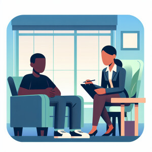 Black female therapist with black male patient sitting on couch....