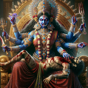 portrait of extremly angry looking goddess kali, blue skinned, s...