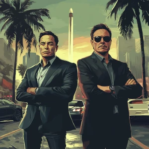 Elon Musk,Planning a heist with Nico belic, GTA style art