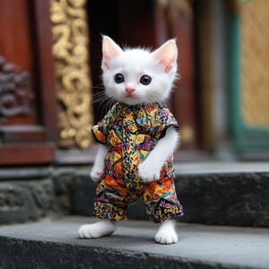 A white kitten with black eyes wearing Indonesian santri clothes...