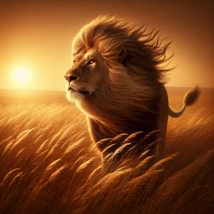 Create a majestic image of a lion standing in the savanna, surro...