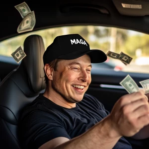 Elon Musk,throwing money at people while driving, black "MAGA" b...