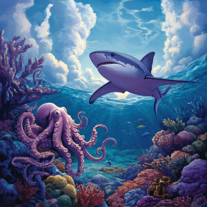 Create a scene where a shark swims gracefully through the ocean...