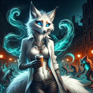 A gorgeous female fox with blue eyes and white fur, wearing an o...