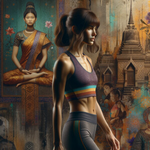 Athletic Thin skinny Attractive, Asian teenage girl, long brown hair and bangs, wearing tight skinny jeans and a halter top paint marks on her clothing, heroic pose Asian graffiti background, side view