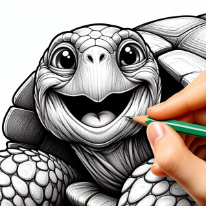 Create a sketch of a cheerful tortoise with a big smile on its f...