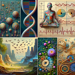 The golden ratio, Minimalist art Circuit, boards, circuitry, diagrams Cellular structures, DNA, circuit boards, colorful wires,  asian and Egyptian  graffiti, lie detector graphs, cardio, printout , branches infinity sign, cave, Art, handprints, distant birds flying, flowering vines, abstract gestural painting, dna