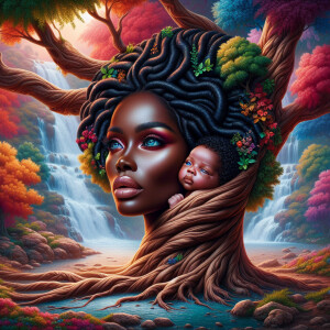 Create a close-up, hyper-realistic 3-D oil painting of a tree wi...