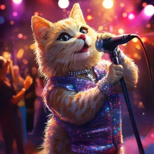 A graceful pop star cat inspired by Taylor Swift, with soft gold...