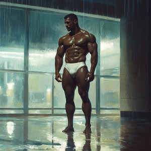 The image shows a muscular man standing outdoors, wearing only t...