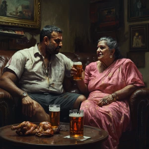 Photorealism,fantasy,a muscular criminal man sitting drinking...