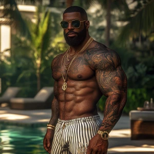a muscular, bearded man with dark skin, wearing sunglasses, a go...