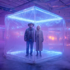 A surreal photo of Willie Nelson and Dolly Parton standing insid...