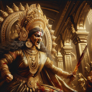 photograph of angry looking goddess durga victory posing on a de...