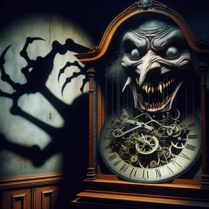 Visualize an eerie, anthropomorphic clock standing in a shadowy...
