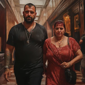 Photorealism,hyperrealismA sweaty beefy man walking with his 54...