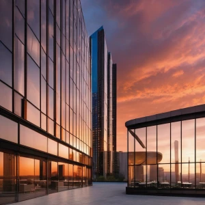 A sleek glass and steel skyscraper reflecting the sunset.