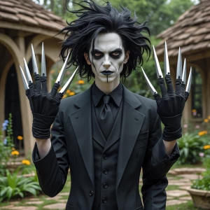 Create an image of a character with scissor blades for fingers,...