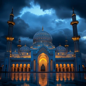 Majestic mosque standing tall against a backdrop of stormy cloud...