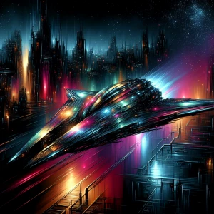 Bathed in an eerie neon glow, a sleek holographic interstellar s...