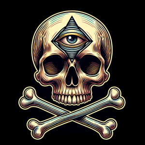 Skull with third eyeball and crossbones behind the skull in an n...