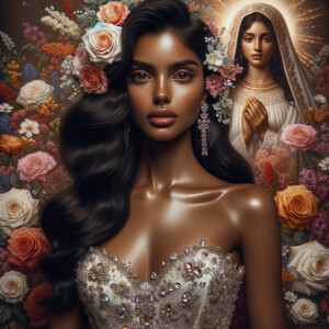 Visualize a stunning bride with a rich blend of african-American Latino heritage, her skin glowing with a soft, warm hue. Her elegant gown, a masterpiece of design, is intricately adorned with sparkling jewels that catch the light with every movement, creating a mesmerizing effect. Her long, wavy dark hair frames her face beautifully, enhancing her radiant beauty. Behind her, the backdrop is alive with an explosion of colorful flowers, each petal and leaf adding vibrancy to the scene. Amidst this floral abundance, the serene face of a brown Jesus is subtly integrated into the background, bestowing a sense of divine grace and tranquility to the composition. This image captures a moment of exquisite beauty, spiritual depth, and the celebration of love.