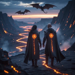 Ultra-photorealistic, cinematic wide shot of Jaelor and Laeria s...