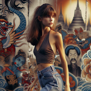 Athletic Thin skinny Attractive, Asian teenage girl, long brown hair and bangs, wearing tight skinny jeans and a halter top paint marks on her clothing, heroic pose Asian graffiti background, side view