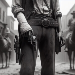 An old west cowboy standing in the middle of the road, six shoot...