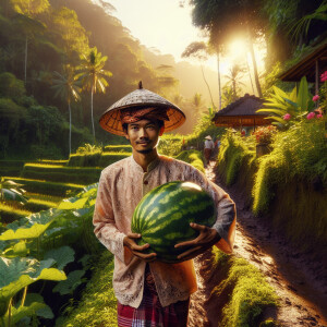 A man delivering a watermelon in Bali with the lush tropical lan...