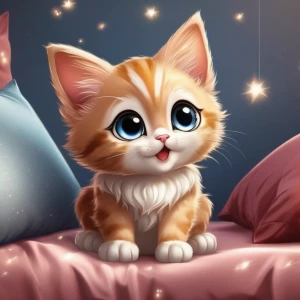 A cartoon kitten with big, sparkling eyes sitting on a pillow.