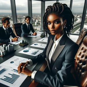 Describe a sophisticated Black woman with a caramel 
complexion, styled locs, and a sleek business suit, leading 
a boardroom discussion on environmental sustainability in 
a sleek urban office building."