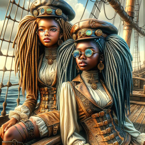 two young African American girls tan skin tone oil painting stea...
