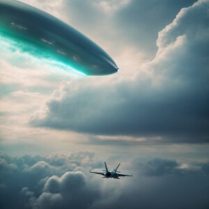 An alien spaceship being chased by a fighter jet in a cloudy sky...