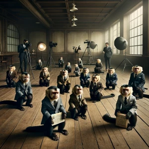 Group of monkey's wearing suits in a studio