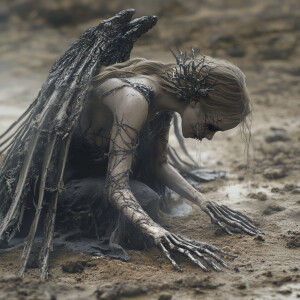 a powerful scene where a demon is lying just beneath the dirt, w...