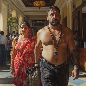 Photorealism,hyperrealismA sweaty beefy man walking with his 54...