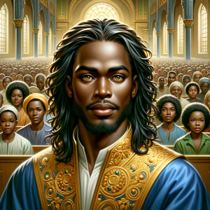 Illustrate an inspiring African-American Jesus crust with a dign...