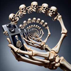 a skeleton hand holding a photo of a skeleton holding a photo of...